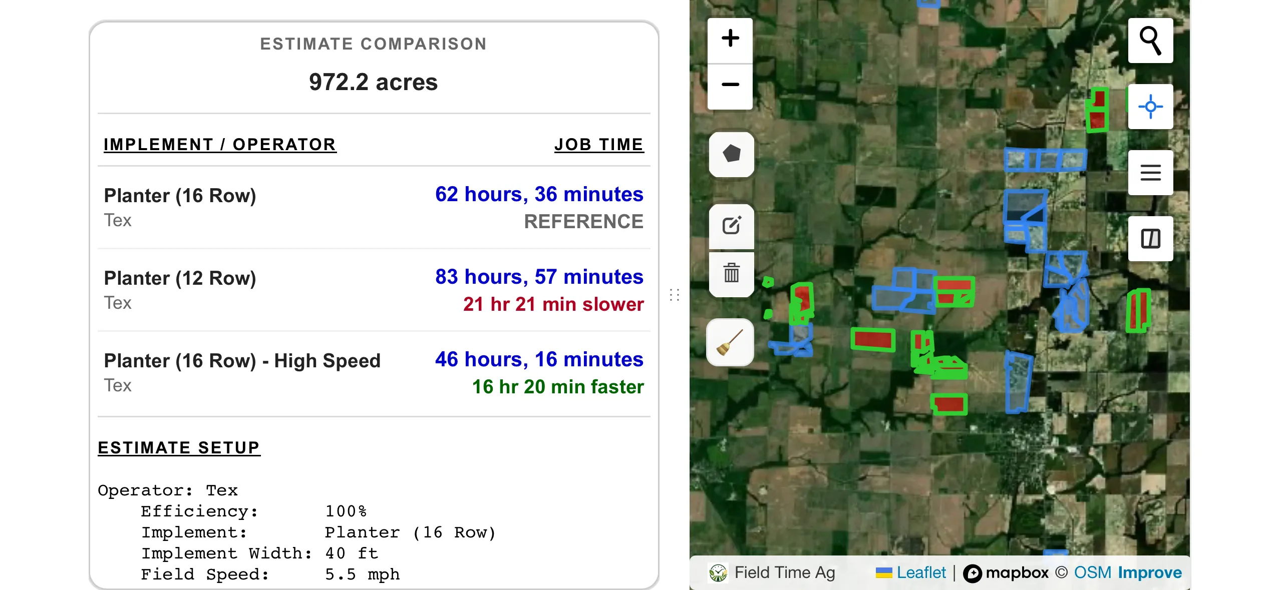 Field Time Ag equipment comparison showing field completion times